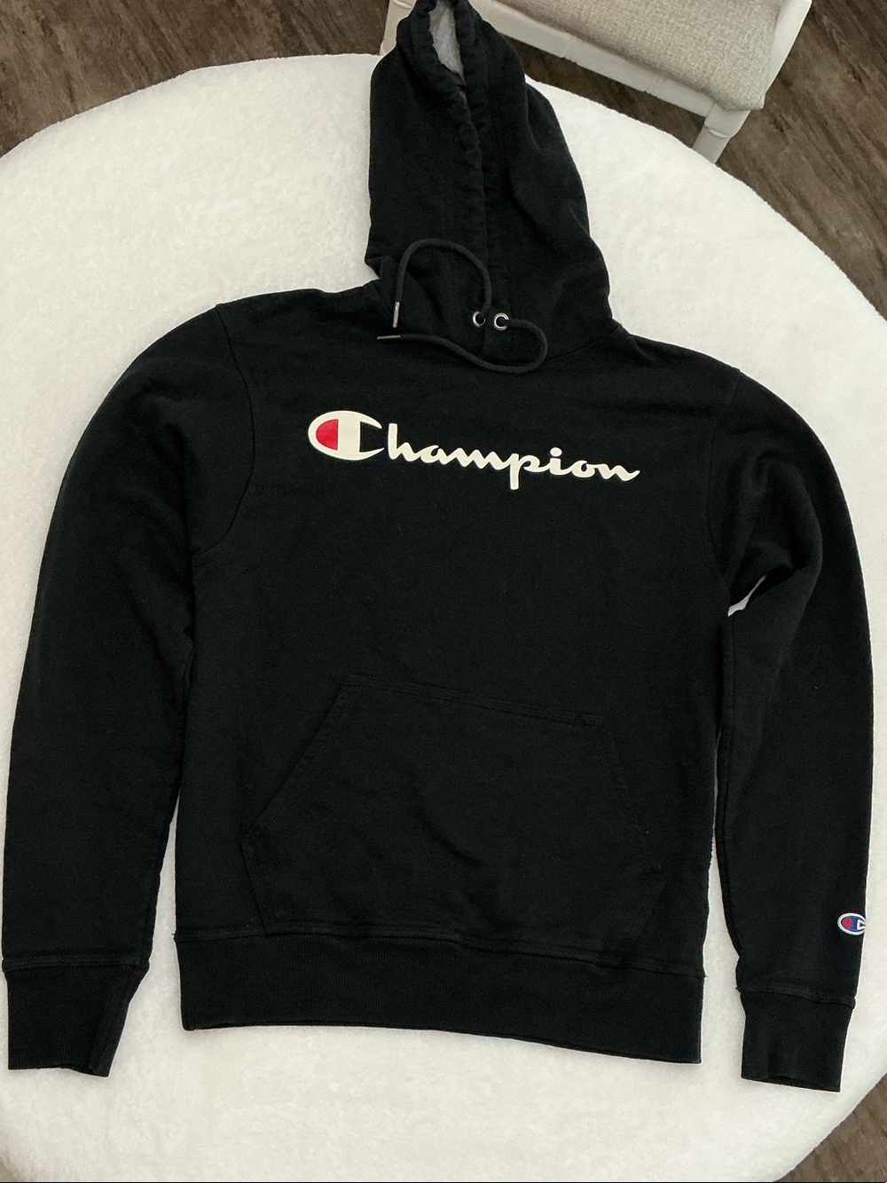 Champion Black Crewneck Sweatshirt with White Script and Red Accent